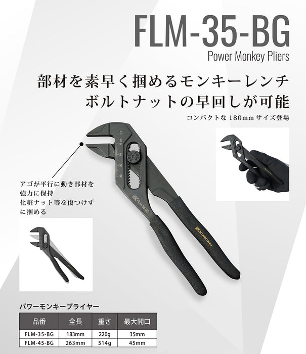 Fujiya Power Monkey Pliers 183mm Black Gold Maximum Opening 35mm