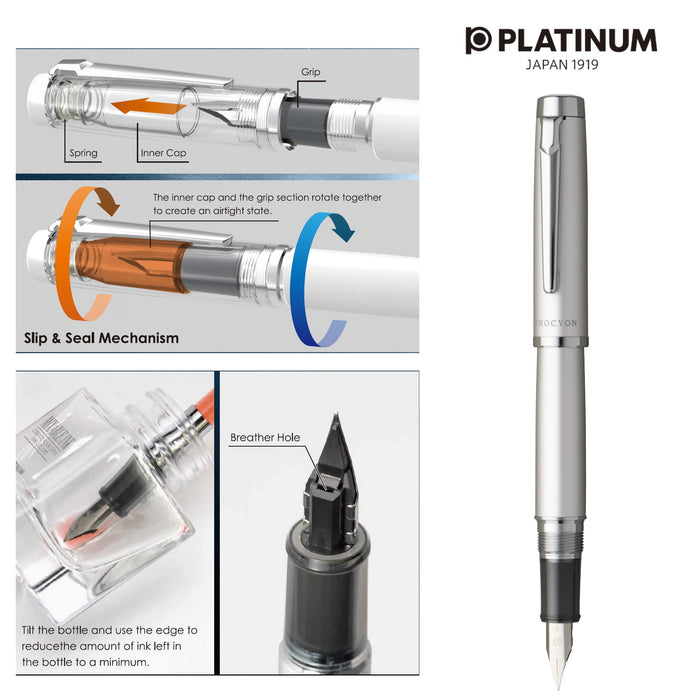 Platinum Procion Luster Medium Point Fountain Pen Satin Silver PNS-8000#79-3-Kiichin - The #1 Place for Japanese Goods in Your Hand!