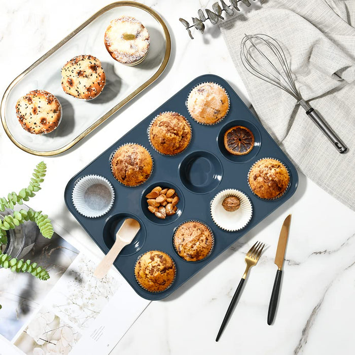 Super Kitchen 12-Cavity Large Non-Stick Silicone Muffin Mold Pan - Easy To Clean Gray-Kiichin - The #1 Place for Japanese Goods in Your Hand!