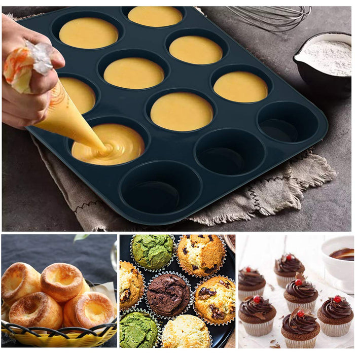 Super Kitchen 12-Cavity Large Non-Stick Silicone Muffin Mold Pan - Easy To Clean Gray-Kiichin - The #1 Place for Japanese Goods in Your Hand!