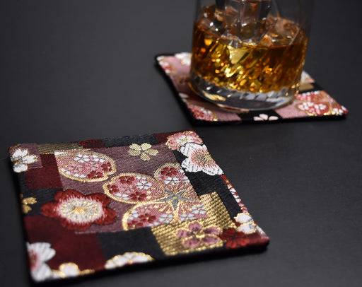 Shinsendo Japanese Kimono Coaster Set (Red Cherry Blossom) - Elegant Gift in Gold Box-Kiichin - The #1 Place for Japanese Goods in Your Hand!