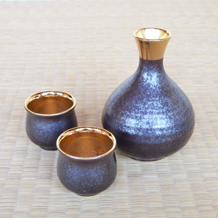 Arita Ware Sake Set 1 Tokkuri Bottle + 2 Ochoko Cups - Crystal Gold Ceramic-Kiichin - The #1 Place for Japanese Goods in Your Hand!