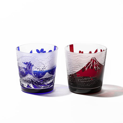Taburō Koubou Edo Glass Red Fuji Nami Fuji Sakura Cup Pair Japan - Tb022-204R_206B-Kiichin - The #1 Place for Japanese Goods in Your Hand!
