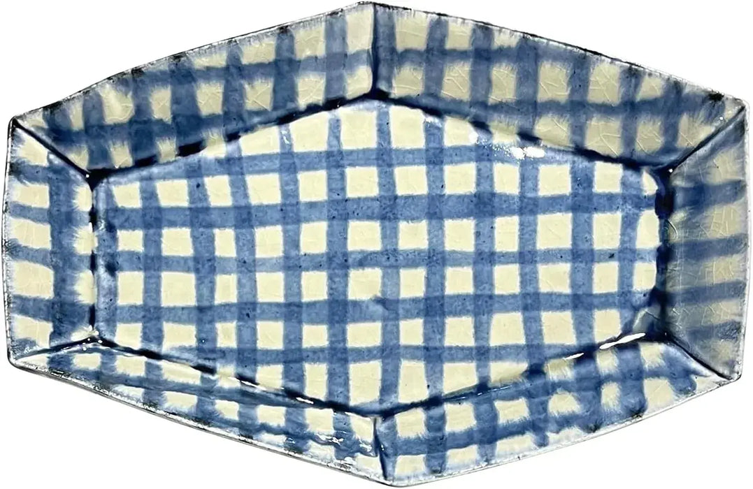Nishitomi Hand Painted Blue Checker Hexagonal Plate