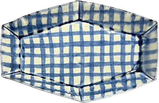Nishitomi Hand Painted Blue Checker Hexagonal Plate