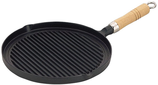 Ikenaga Iron Works 26.4cm Cast Iron Grill Pan with Japanese Wooden Handle-Kiichin - The #1 Place for Japanese Goods in Your Hand!