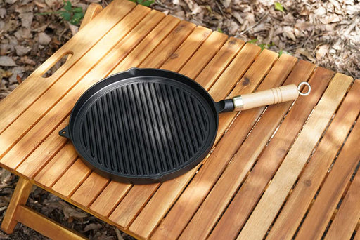 Ikenaga Iron Works 26.4cm Cast Iron Grill Pan with Japanese Wooden Handle-Kiichin - The #1 Place for Japanese Goods in Your Hand!