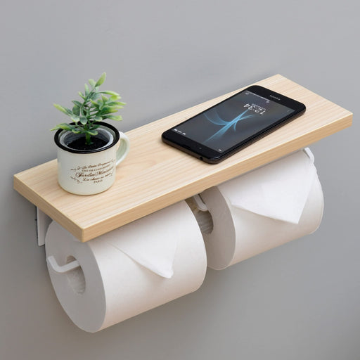 Yamazen Wood Toilet Paper Holder with Shelf - Natural/Matte White-Kiichin - The #1 Place for Japanese Goods in Your Hand!
